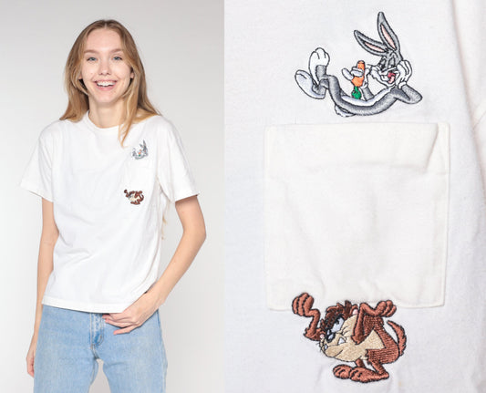 00s Warner Bros Looney Tunes Embroidered Pocket Tee White Medium M