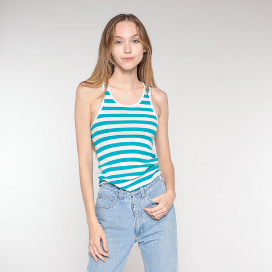 90s Blue White Striped Ribbed Tank Top Racerback XS