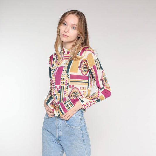 70s Abstract Geometric Paisley Knit Top Mock Neck Long Sleeve Small