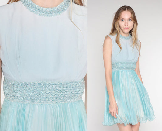 60s Blue Sparkly Empire Waist Mini Dress Sleeveless Pleated Cocktail Extra Small