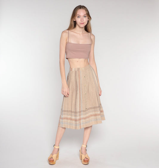 80s Tan Striped Pleated Midi Skirt High Waist Button Front Extra Small
