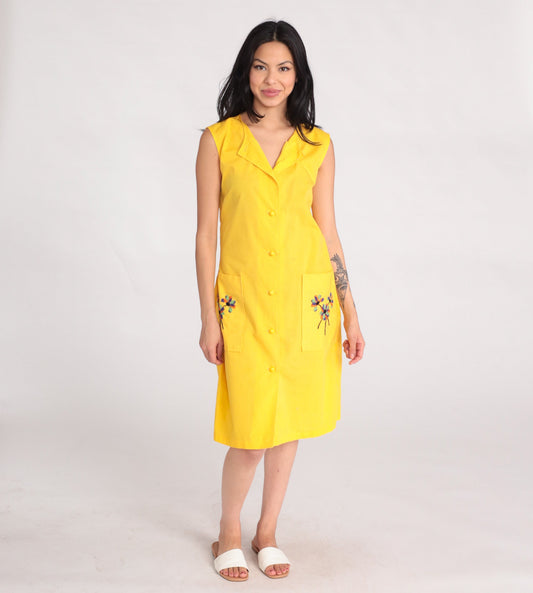 60s Yellow Floral Embroidered Shift Dress Button Front Pockets Small