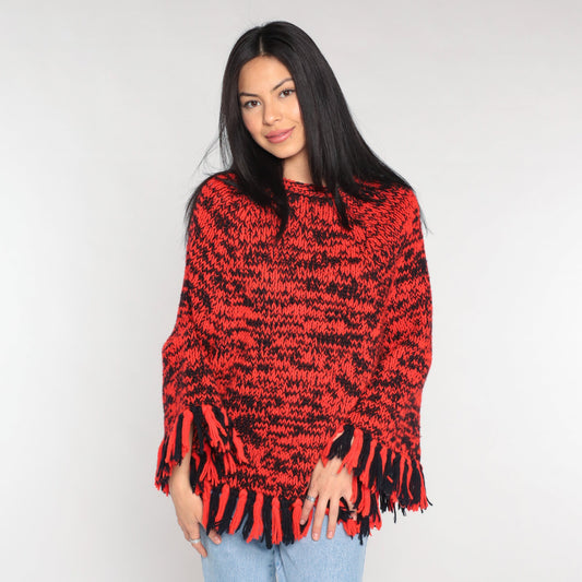70s Red Black Space Dye Knit Poncho Fringe Shawl Cape