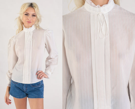 80s White Victorian Blouse Puff Sleeve Lace Trim Button-Up Small
