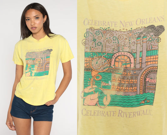 90s New Orleans Riverwalk Steamboat Graphic T-Shirt Yellow Distressed Small