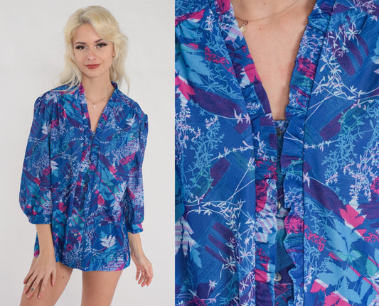 70s Floral Leaf Print Blouse Blue Purple Pink 3/4 Sleeve Ruffle Top Extra Large