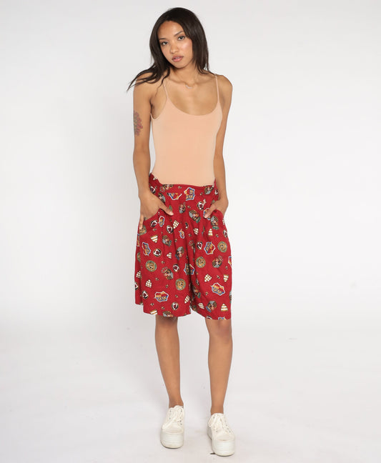 90s Baroque Lion Crest Fleur de Lis Wide Leg Shorts Red Rayon Medium