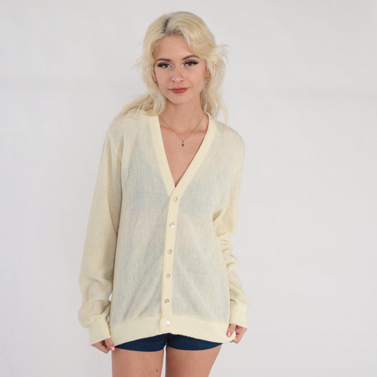 80s Cream Cardigan Semi Sheer Button Up Knit Sweater Medium