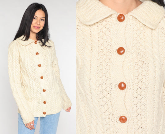 90s Cream Cable Knit Cardigan Button-Up Collared Sweater Small S