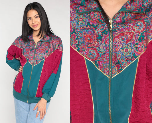 90s Floral Color Block Windbreaker Jacket Magenta Green Medium
