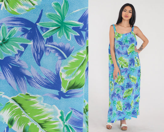 90s Hawaiian Maxi Dress Tropical Leaf Print Blue Green Purple Sleeveless XXL