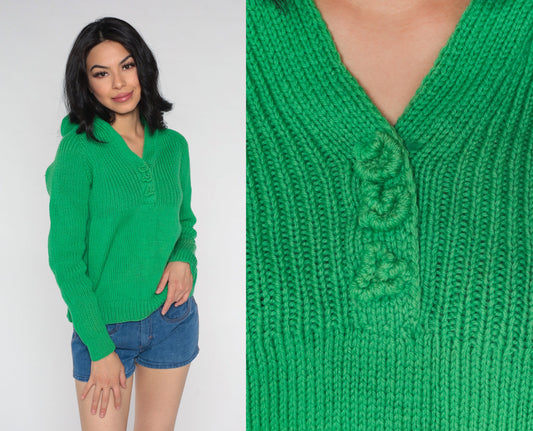 70s Green V-Neck Raglan Sweater Knit Jumper Appliqué Small Medium