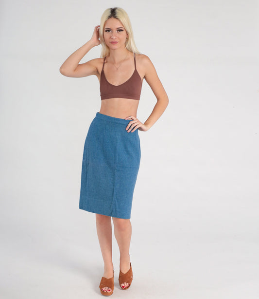 60s Blue Wool Pencil Skirt High Waisted Midi Small