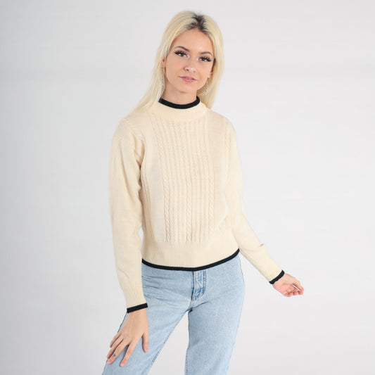 90s Liz Claiborne Cream Wool Cable Knit Crewneck Sweater Small S