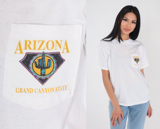 90s Arizona Grand Canyon State Graphic Pocket T-Shirt White Cotton Medium