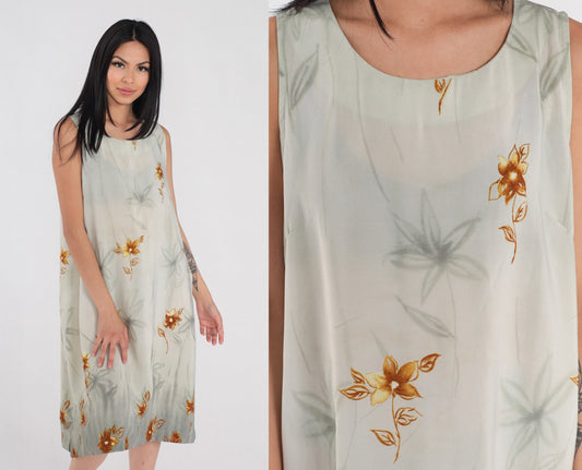 90s Green Floral Semi-Sheer Sundress Knee-Length Sleeveless Large L