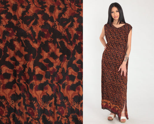 90s Karin Stevens Maxi Dress Sleeveless Orange Black Abstract Animal Print Large