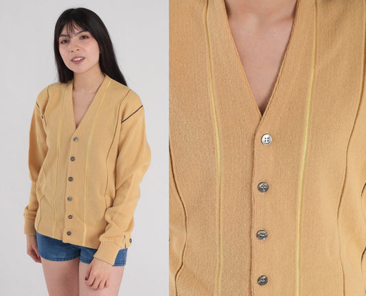 80s Striped Tan Cardigan Button-Up Knit Sweater Medium