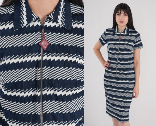 1960s Mod Dress Navy Blue White Geometric Striped Zip Front Knee Length Small