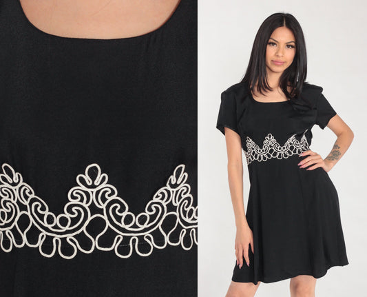 90s Black Mini Dress Soutache Trim Short Sleeve Shift Medium M