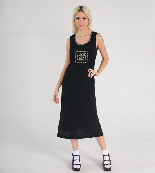 Y2K Black Frog Print Sleeveless Shift Dress Side Slit Medium 8