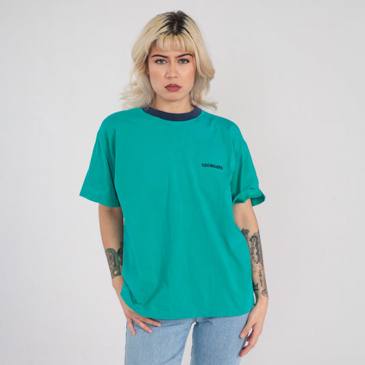 90s Giordano Embroidered Logo T-Shirt Green Navy Ringer Crewneck Medium M
