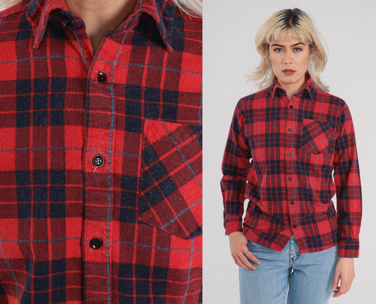 90s Red Plaid Flannel Button-Up Shirt Long Sleeve Small S