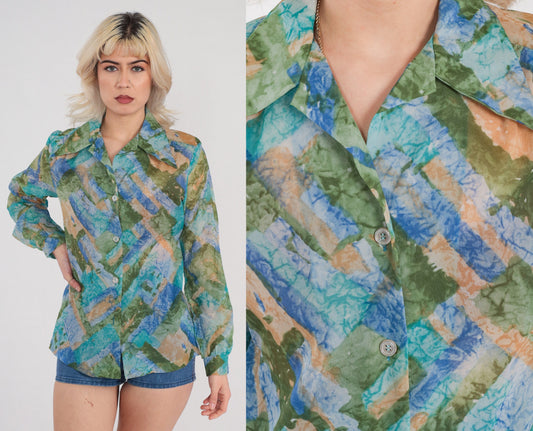 70s Sheer Dagger Collar Button Up Blouse Blue Green Abstract Print Small