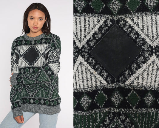 90s Geometric Leather Patch Crewneck Sweater Green Large L