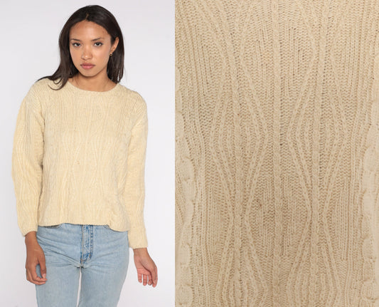 00s LL Bean Cream Wool Cable Knit Crewneck Sweater Extra Small XS