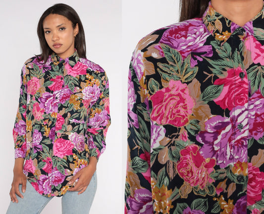 90s Floral Button Up Blouse Metallic Gold Pink Purple Rayon Small