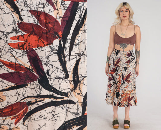 80s Tan Floral Leaf Print Midi Skirt Button Front High Waist Small Medium