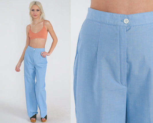 70s Blue High-Waisted Straight Leg Trousers Pleated Crease Small