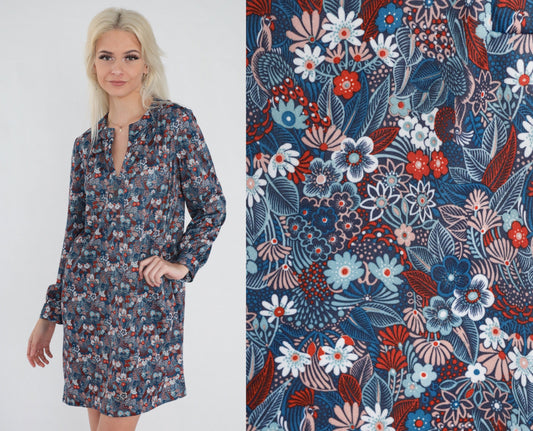 70s Navy Floral Mini Shift Dress Long Sleeve V Neck Medium M