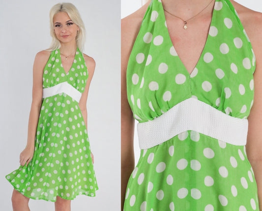 70s Green Polka Dot Halter Mini Dress Empire Waist Low Back Small