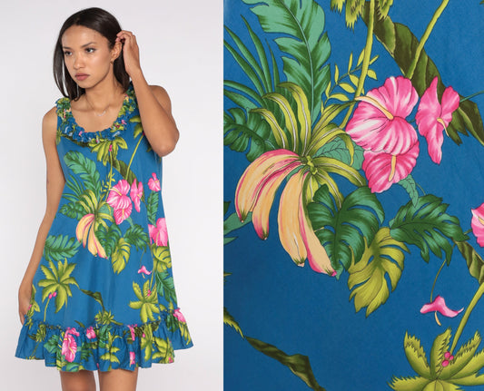 Y2K Tropical Floral Banana Mini Dress Sleeveless Ruffled Trim Green Blue Pink Large