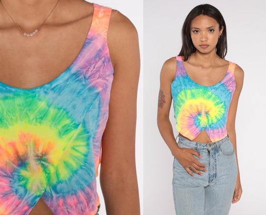 90s Neon Tie Dye Crop Tank Top In Gear Cotton Sleeveless Large