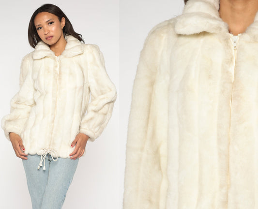 80s Jordache Faux Fur Coat Cream Zip-Up Jacket Medium