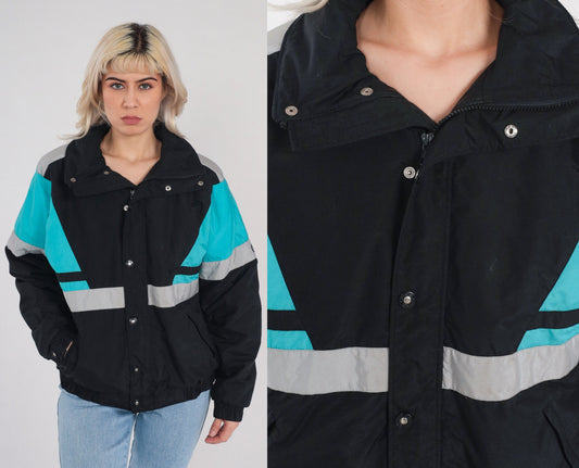 80s Thinsulate Puffer Jacket Black Blue Color Block Ski Coat Large