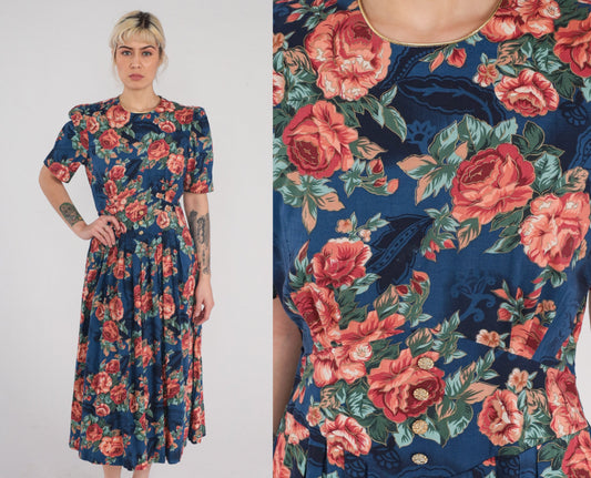 90s Navy Floral Midi Dress Puff Sleeve High Basque Waist Rose Print Medium M
