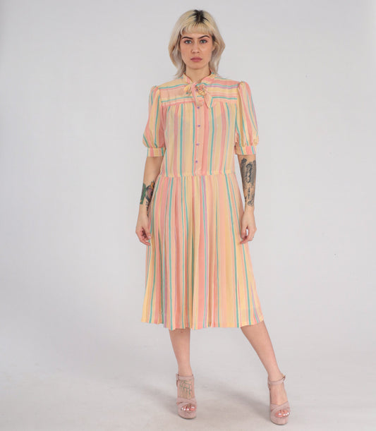 90s Striped Midi Dress Puff Sleeve Button-Up Necktie Bow High Waist Medium M