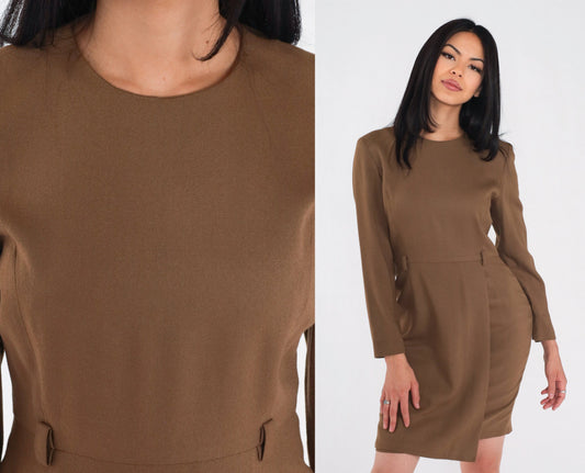 90s Petite Sophisticate Brown Wool Blend Mini Sheath Dress Long Sleeve Extra Small XS