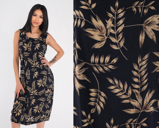 90s Black Leaf Vine Print Sleeveless Dress Knee Length Tank Medium M
