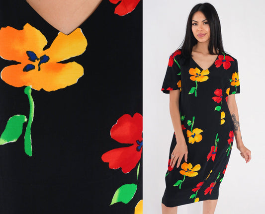 90s Black Poppy Floral Midi Dress Short Sleeve Knee Length Large
