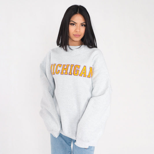 90s Michigan Wolverines University Sweatshirt Heather Grey Gold Graphic XXL