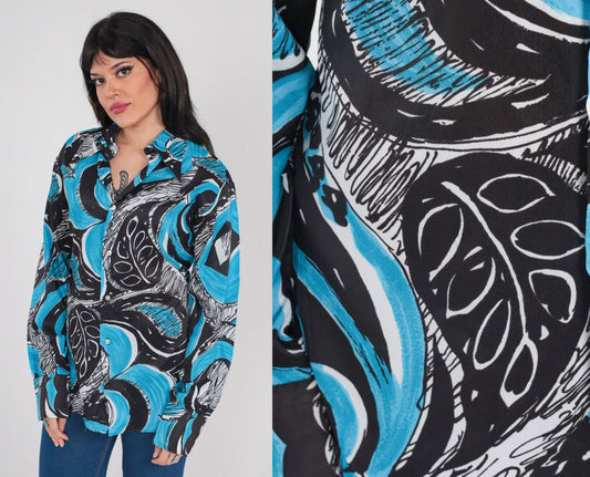 70s Abstract Leaf Print Button-Up Shirt Blue Black Dagger Collar Long Sleeve Large