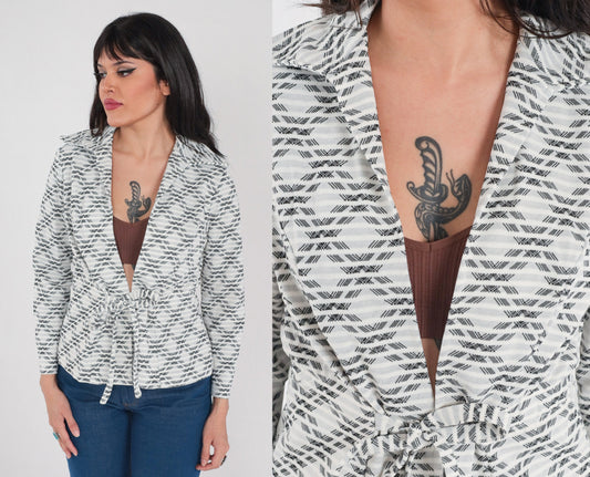 70s Checkered Tie Front Blazer White Black Striped Plaid Jacket Small