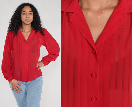 80s Red Striped Puff Sleeve Button-Up Blouse Semi-Sheer Long Sleeve Medium Large