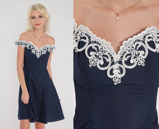 80s Gunne Sax Mini Dress Navy Floral Lace Off-Shoulder Fit Flare XXS