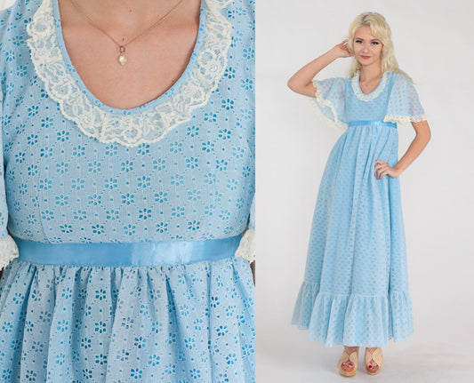 70s Blue Eyelet Maxi Dress Empire Waist Flutter Sleeve Lace Trim Ankle Length Extra Small XS